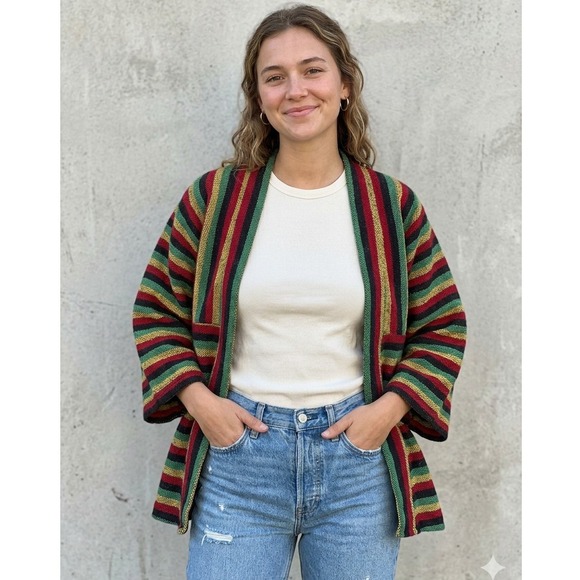 Kathmandu Imports Sweaters - Kathmandu Imports Striped Cotton‎ Cardigan Jacket Red Green Yellow Black Nepal